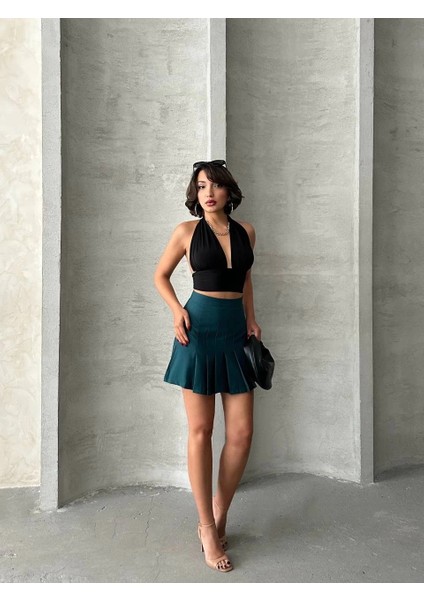 Pileli Düğmeli Etek Yeşil S24811