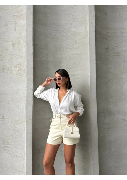 Kemerli Deri Şort Krem H241003