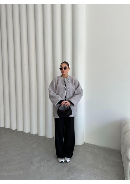 Gri Önü Bağlamalı Teddy Ceket