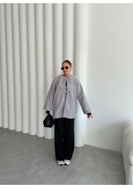 Gri Önü Bağlamalı Teddy Ceket