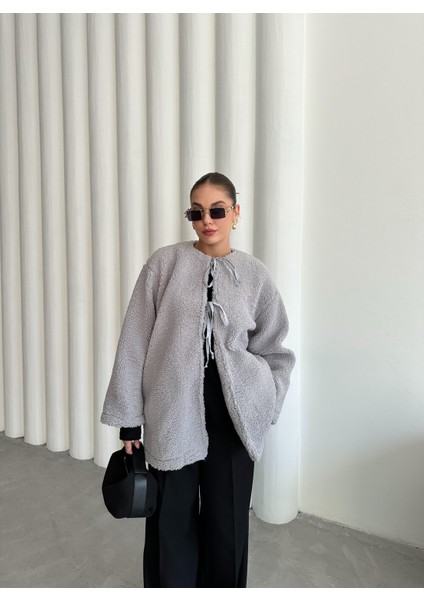 Gri Önü Bağlamalı Teddy Ceket
