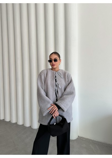 Gri Önü Bağlamalı Teddy Ceket