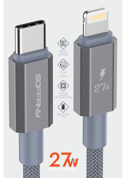 27W Örgülü Lightning To Type-C Şarj Kablosu Gri