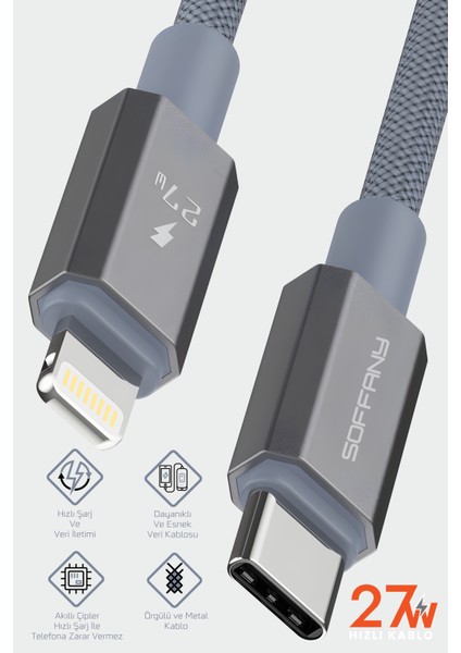 27W Örgülü Lightning To Type-C Şarj Kablosu Gri fiyatları