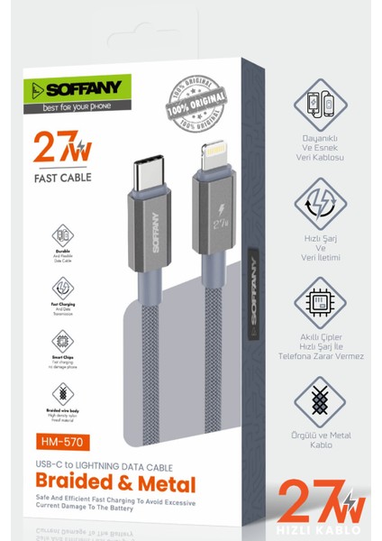 27W Örgülü Lightning To Type-C Şarj Kablosu Gri modelleri