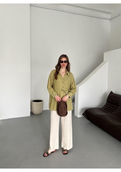 Haki %100 Pamuk Çapraz Düğmeli Beli Kemerli Gömlek