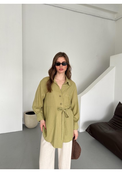 Haki %100 Pamuk Çapraz Düğmeli Beli Kemerli Gömlek