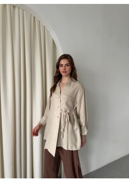 Natural %100 Pamuk Çapraz Düğmeli Beli Kemerli Gömlek