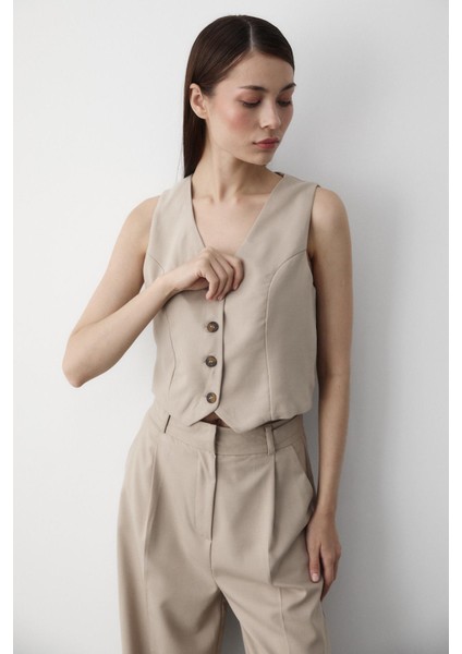 Bej Linda Yelek Pantolon Takım