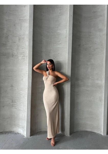 Tek Omuz Pliseli Elbise