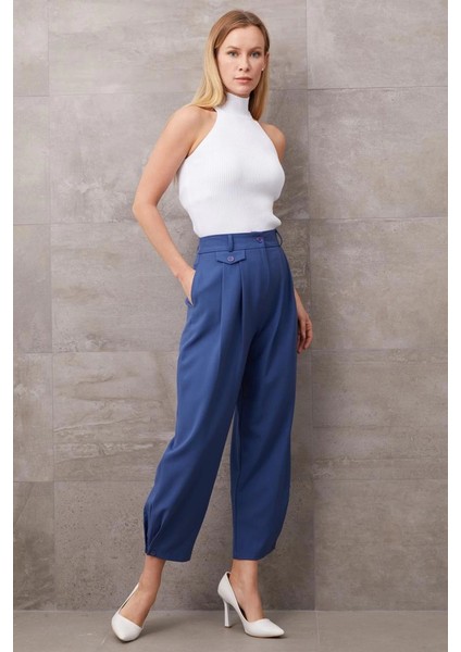 Paçası Düğmeli Yüksek Bel Pantolon