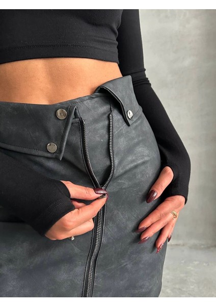 Beli Pervazlı Fermuarlı Eskitme Deri Etek W24431 indirimleri