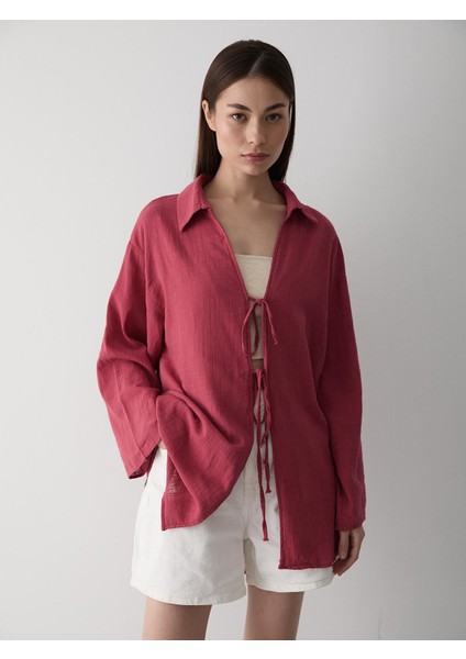 Bordo %100 Pamuk Keten Bağcık Detaylı Kimono Bluz