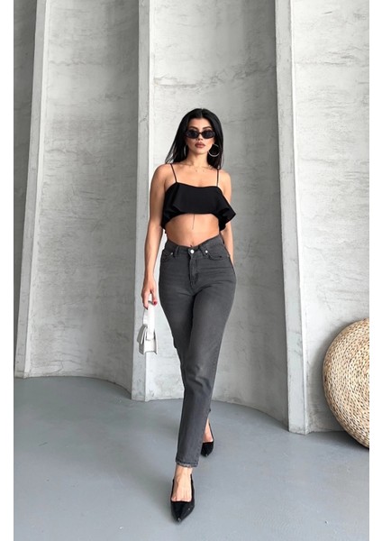 Mom Fit Enzim Taş Yıkama Jeans Pantolon Füme D2006