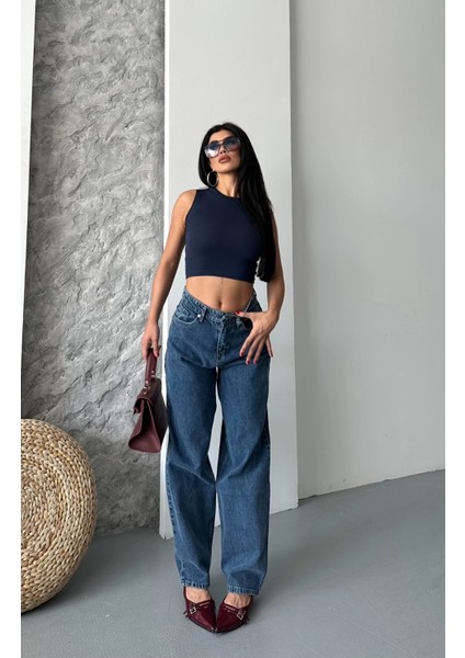 Baggy Kar Yıkama Jeans Pantolon Koyu Mavi D2007