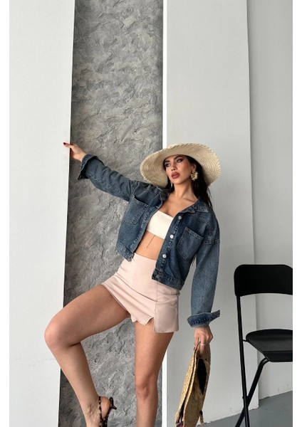 Çift Cepli Kol Katlamalı Kar Yıkama Crop Kot Ceket Kahve Tint D2000