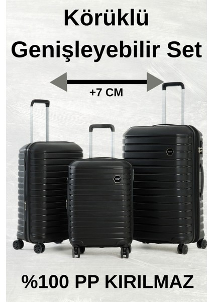 Körüklü(Genişleyebilen) Silikon Kırılmaz (Polipropilen) 3'lü Valiz Seti