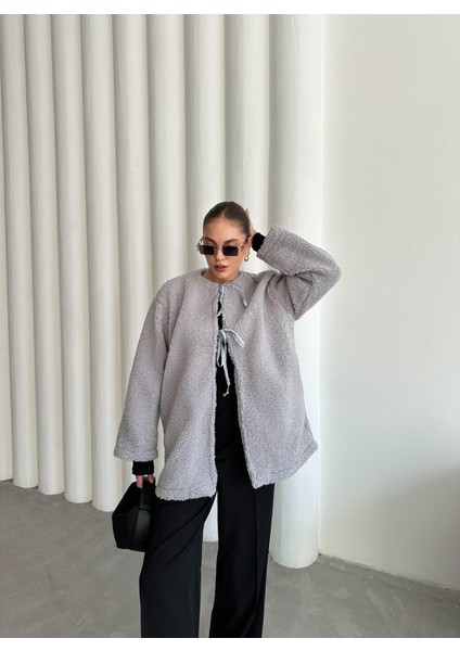 Gri Önü Bağlamalı Teddy Ceket