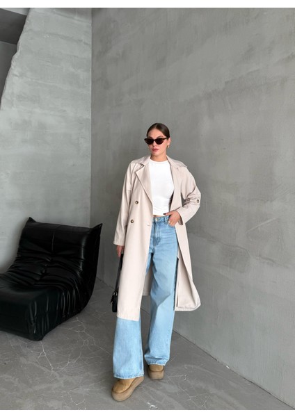 Krem Dökümlü Uzun Trençkot indirimleri