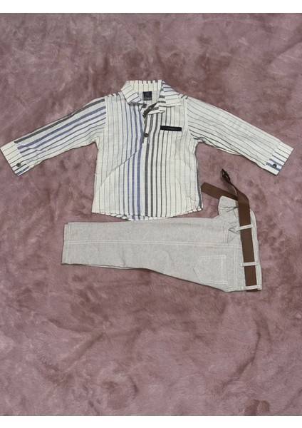 1-6 Yaş Gömlek Pantolon Kemerli Erkek Çocuk Alt Üst Takım Keten Bej