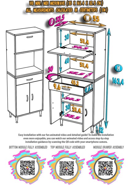 Vio (55X163,4X32,5 Cm) Çekmeceli, Kapaklı, Ekmeklikli. Mini/midi Mikrodalga Mutfak Dolabı