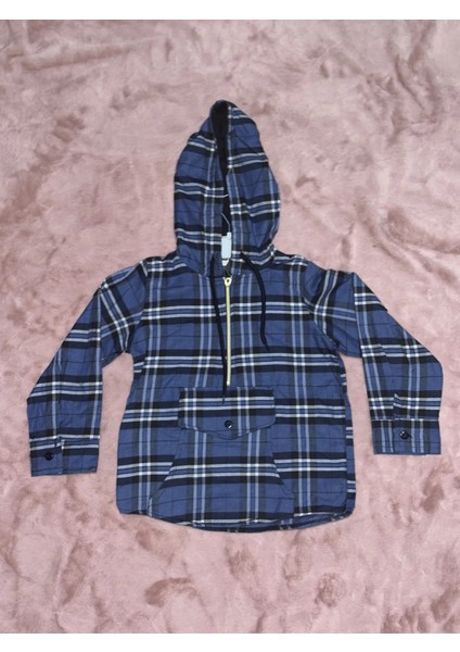 5-10 Yaş Ekoseli Yarım Fermuarlı Kanguru Cep Kapşonlu Ceket Mavi