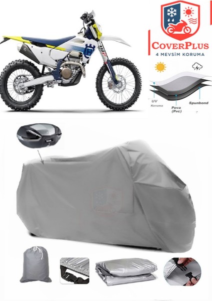 Husqvarna Fe 350 Arka Çanta Uyumlu (Gri) Motorsiket Brandası Motor Örtüsü Çadır Su Geçirmez Motosiklet Kılıfı Motor Brandası