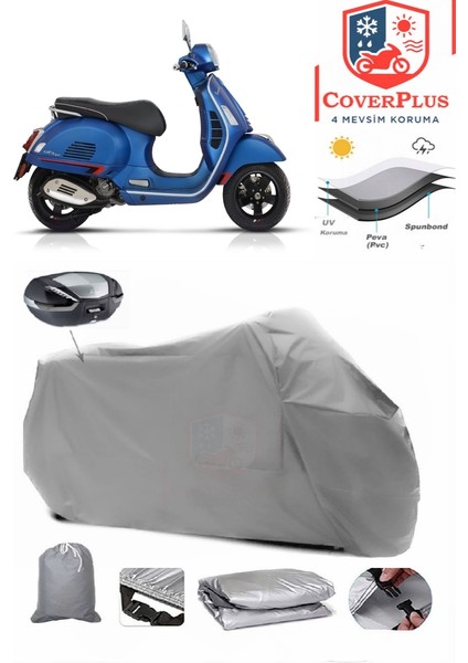 Vespa Gts 125 Arka Çanta Uyumlu (Gri) Motorsiket Brandası Motor Örtüsü Çadır Su Geçirmez Motosiklet Kılıfı Motor Brandası
