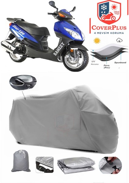 Ramzey Rmz 100-C Arka Çanta Uyumlu (Gri) Motorsiket Brandası Motor Örtüsü Çadır Su Geçirmez Motosiklet Kılıfı Motor Brandası
