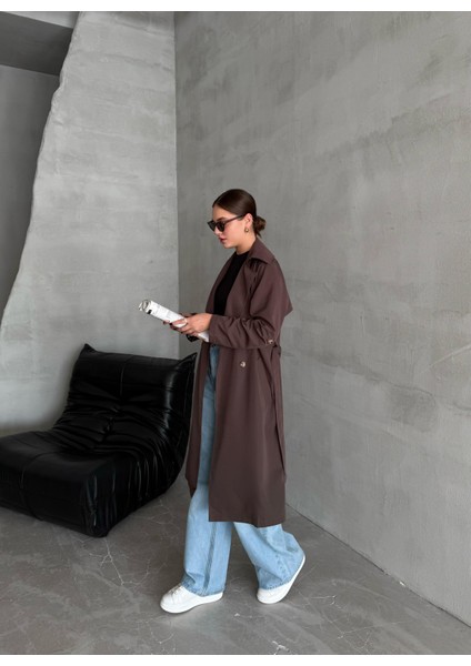 Kahve Dökümlü Uzun Trençkot