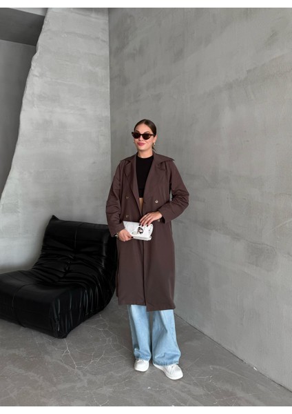 Kahve Dökümlü Uzun Trençkot