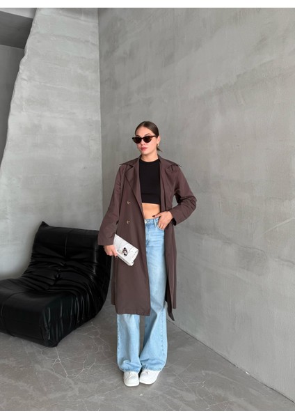 Kahve Dökümlü Uzun Trençkot