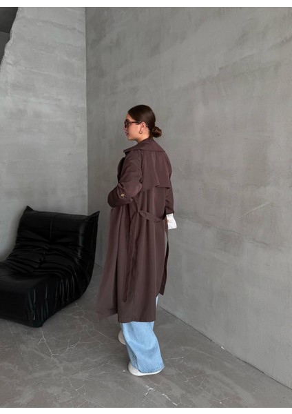 Kahve Dökümlü Uzun Trençkot