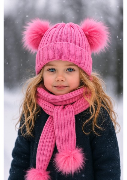 Kız Bebek Pembe Çift Ponponlu Atkı Bere Takımı fırsatları