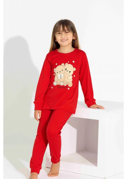 Kız Çocuk Uzun Kollu Pamuklu Ayıcık Baskılı Pijama Takımı 8404 Kırmızı fiyatları