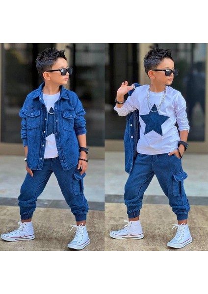 Erkek Çocuk Kot Görünümlü 3’lü Takım – Yıldız Desenli Tişört, Gömlek ve Pantolon 2060 M indirimleri