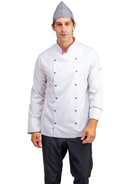 Erkek Aşçı Ceket Likralı 01 - Beyaz Siyah Biye