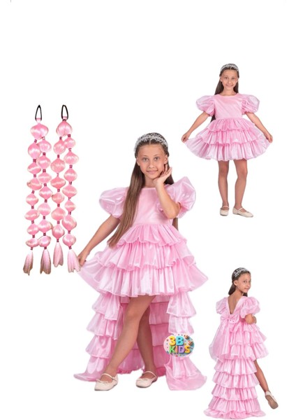 Pembe Arkası Çıtçıtlı Kabarık Kat Kat Katlı Mezuniyet Abiye Elbise Gelinlik Pembe Bubble Saç Taç Seti