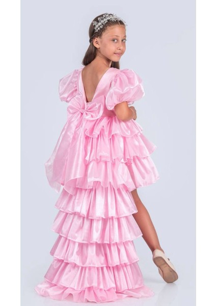 Pembe Arkası Çıtçıtlı Kabarık Kat Kat Katlı Mezuniyet Abiye Elbise Gelinlik Pembe Bubble Saç Taç Seti fiyatları