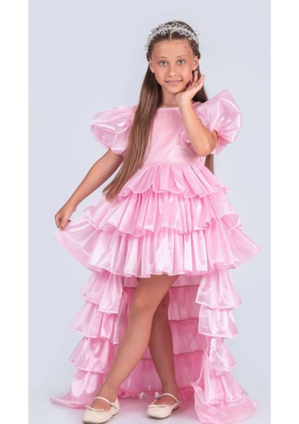 Pembe Arkası Çıtçıtlı Kabarık Kat Kat Katlı Mezuniyet Abiye Elbise Gelinlik Pembe Bubble Saç Taç Seti modelleri