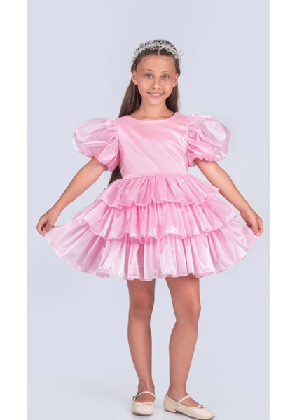 Pembe Arkası Çıtçıtlı Kabarık Kat Kat Katlı Mezuniyet Abiye Elbise Gelinlik Pembe Bubble Saç Taç Seti fırsatları