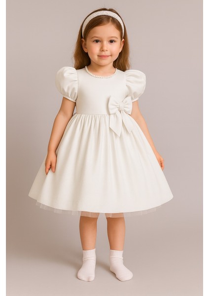 Kız Çocuk Ön Arka Fiyonk Detaylı Yaka Incili Balo Parti Mezuniyet Doğum Günü Elbise