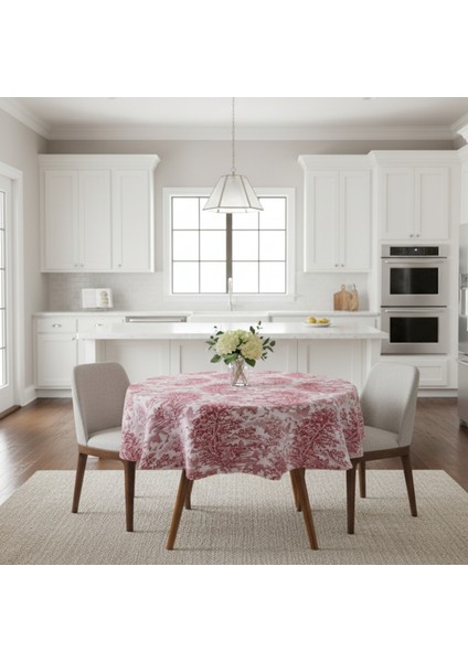 Yüksek Kaliteli Desenli Jakarlı Dokuma Kumaş Yuvarlak 160 x 160 Masa Örtüsü Bordo Ağırlıklı