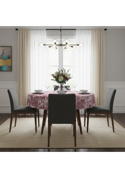 Yüksek Kaliteli Desenli Jakarlı Dokuma Kumaş Yuvarlak 160 x 160 Masa Örtüsü Bordo Ağırlıklı
