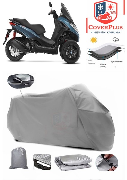 Piaggio Mp3 300 Arka Çanta Uyumlu (Gri) Motorsiket Brandası Motor Örtüsü Çadır Su Geçirmez Motosiklet Kılıfı Motor Brandası