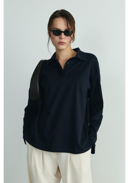 Lacivert Polo Yaka Oversize Tişört