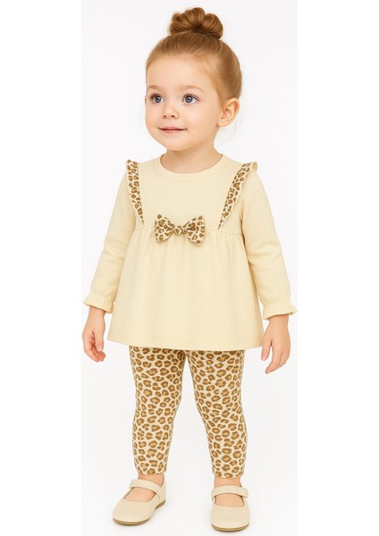 Fiyonk Detaylı Leopar Desenli Kız Çocuk Takım