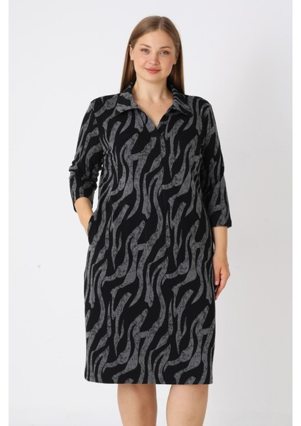 Kadın Büyük Beden Siyah Desenli Likralı Cepli Anvelop Jakarlı Elbise