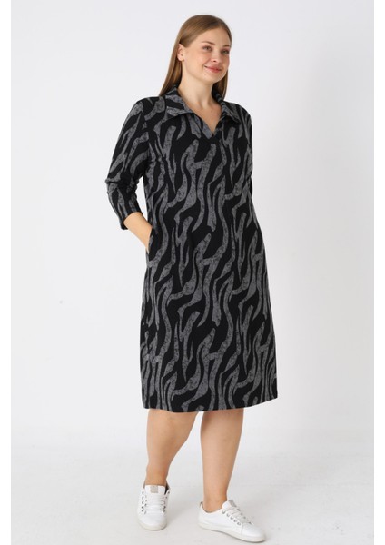 Kadın Büyük Beden Siyah Desenli Likralı Cepli Anvelop Jakarlı Elbise fiyatları