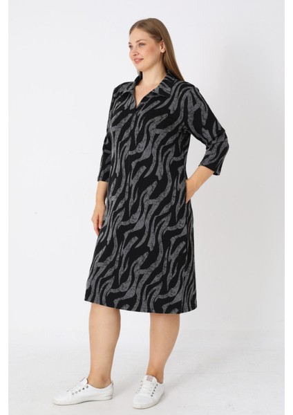Kadın Büyük Beden Siyah Desenli Likralı Cepli Anvelop Jakarlı Elbise modelleri